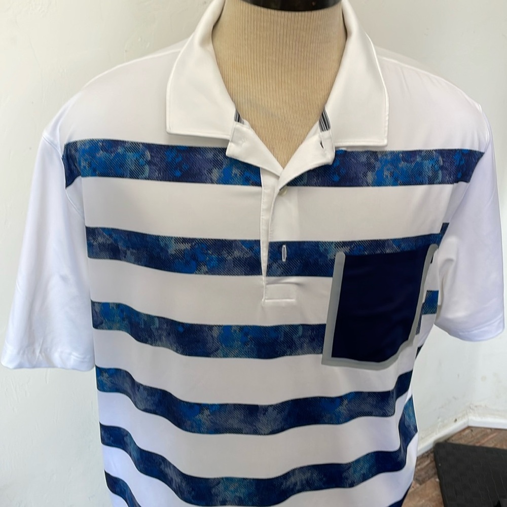 Puma white short sleeve shirt with blue horizontal stripes size XXL